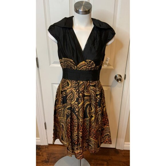 Kay Unger Brown Black Geometric Sequin Fit Flare Dress, Size